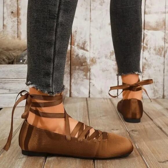 ZARA Lace Up Ballet Flats NWT Ochre Brown Satin Effect Size 7.5 - Picture 11 of 16